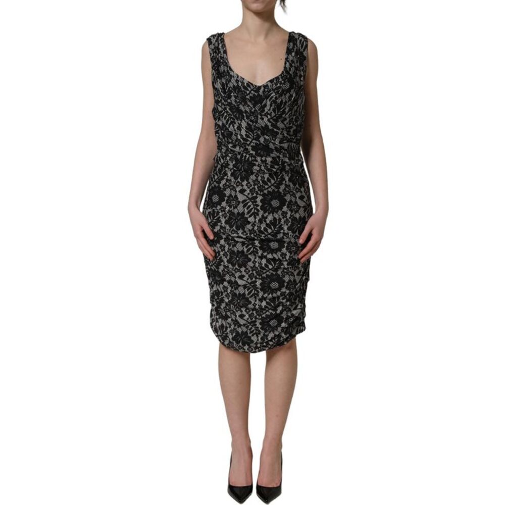 Dolce & Gabbana Black White Floral Lace Sleeveless Midi Women's Dress